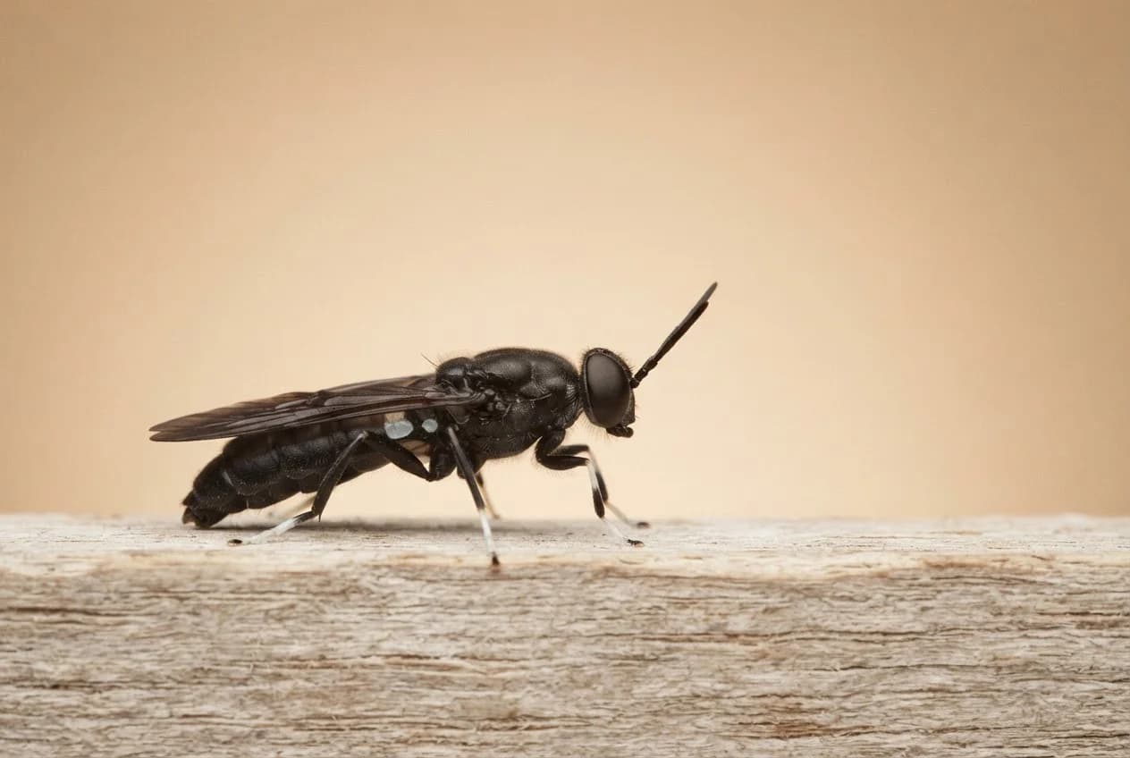 Side profile of an adult Black Soldier Fly, slender and black with pale feet, resting on weathered wood
