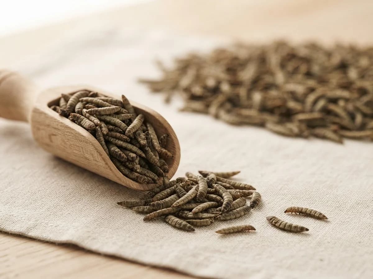 A wooden scoop of whole dried Black Soldier Fly larvae spilling onto linen