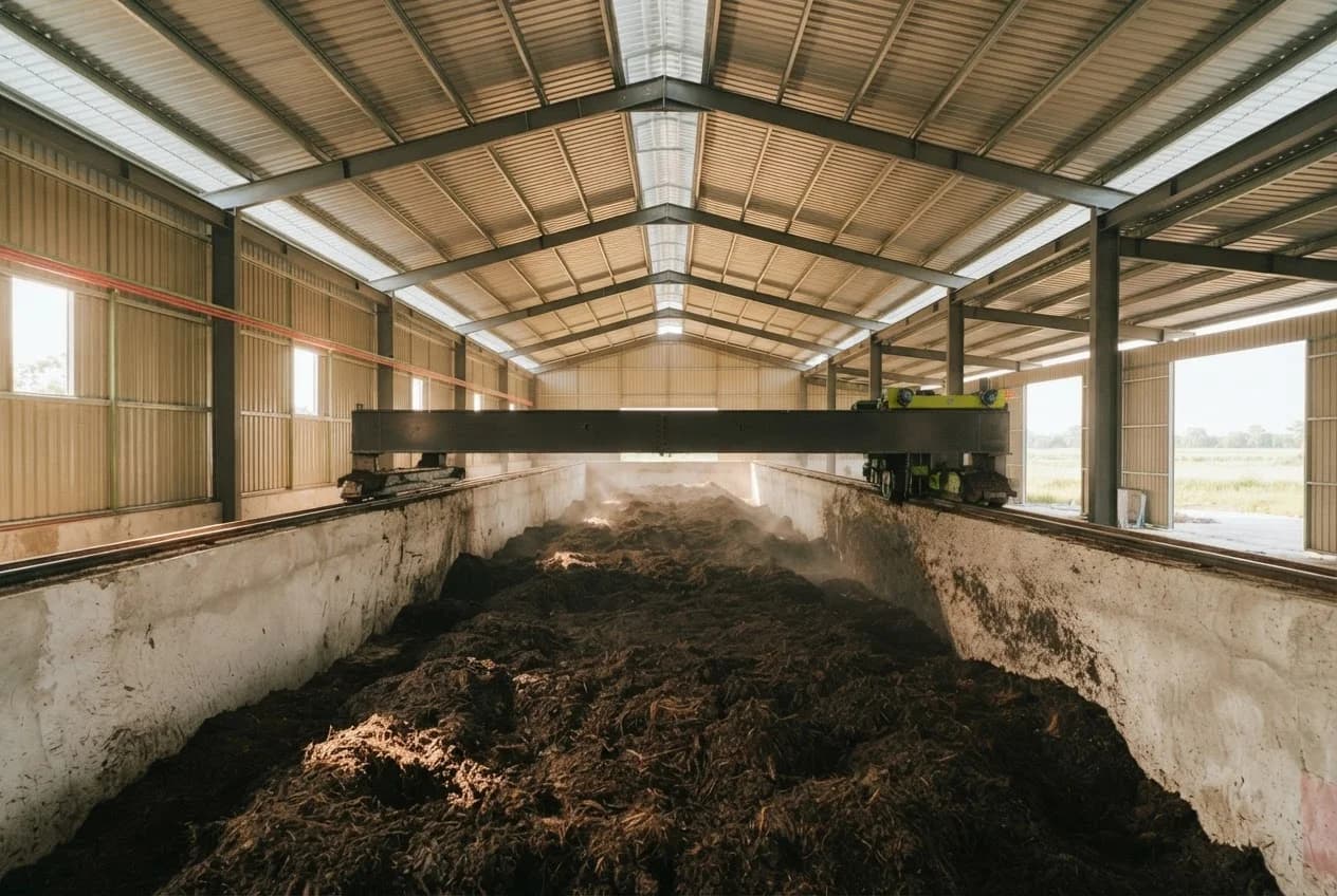 Looking down a long concrete fermentation bay of dark compost, with the compost turner spanning the bay