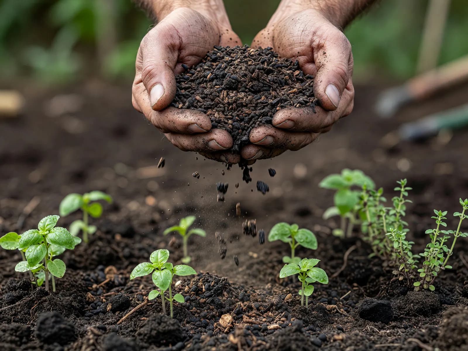 Dark granular frass fertiliser falling from cupped hands onto young seedlings