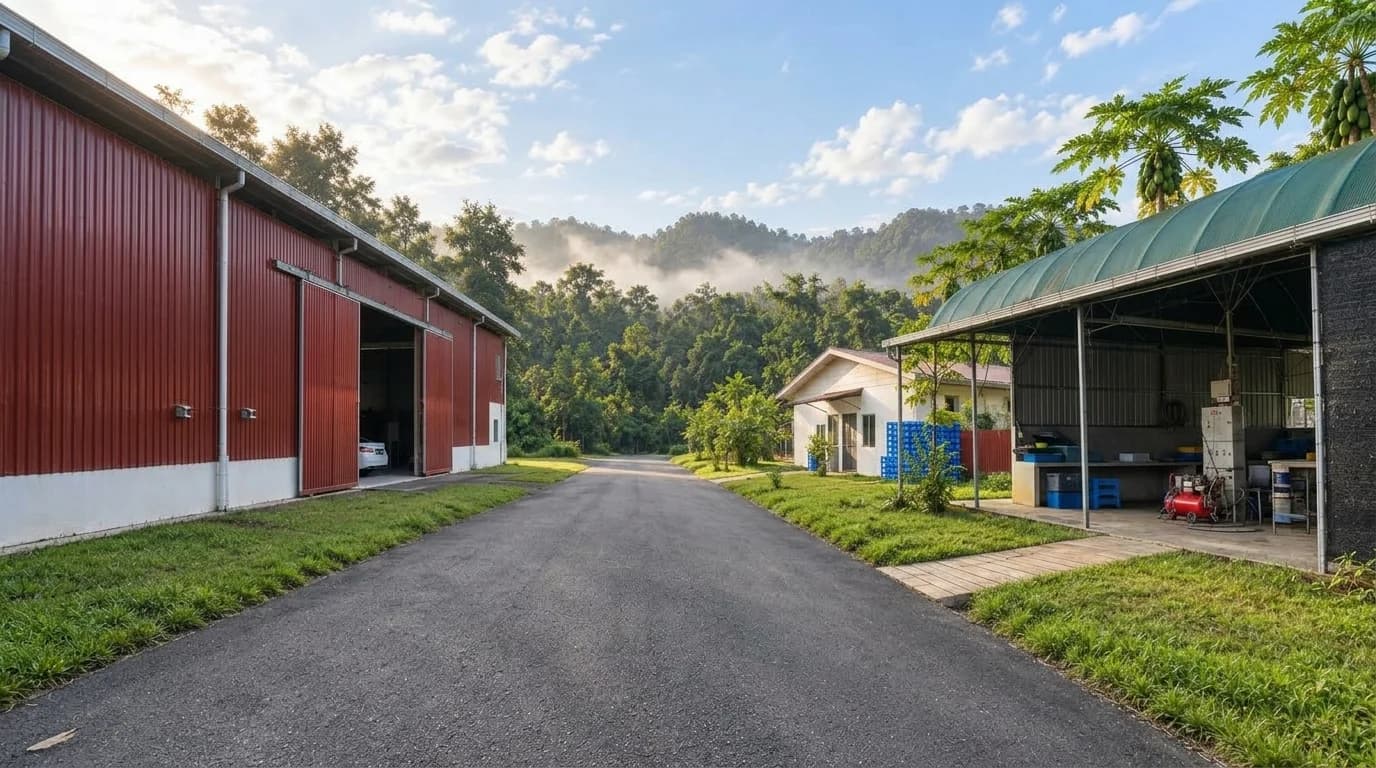 The Hub near Bau: a red steel warehouse and an open-fronted work shed facing each other across a paved road, with papaya trees and misty forested hills beyond