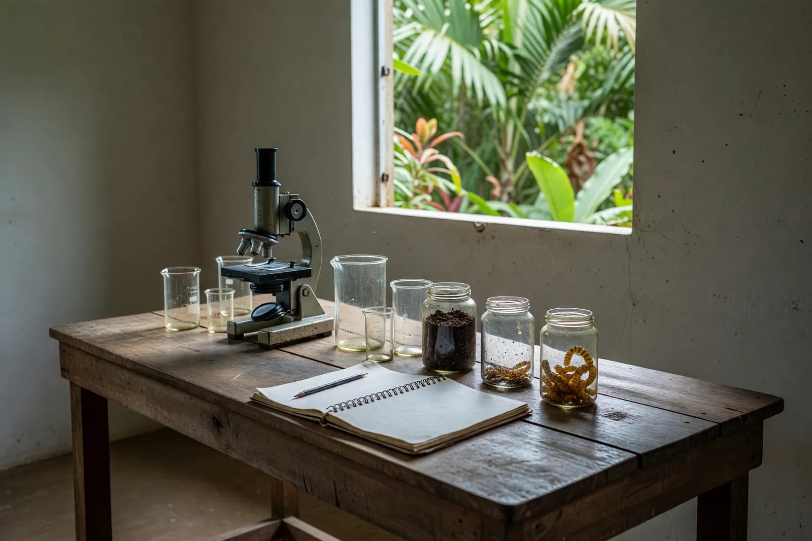 A laboratory bench with a microscope and sample jars of compost and dried larvae