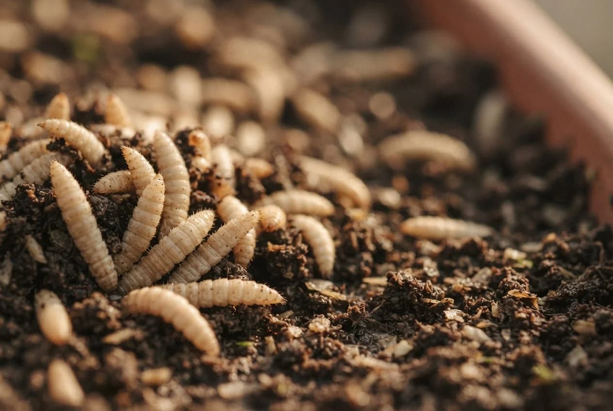 Cream-coloured larvae emerging from dark, crumbly rearing substrate