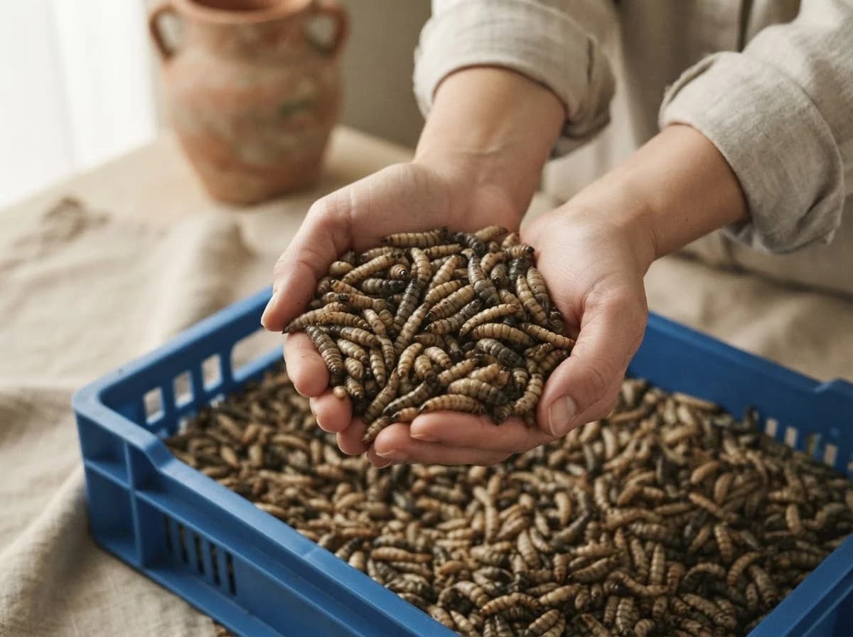 Cupped hands holding freshly harvested live larvae above a blue crate full of larvae