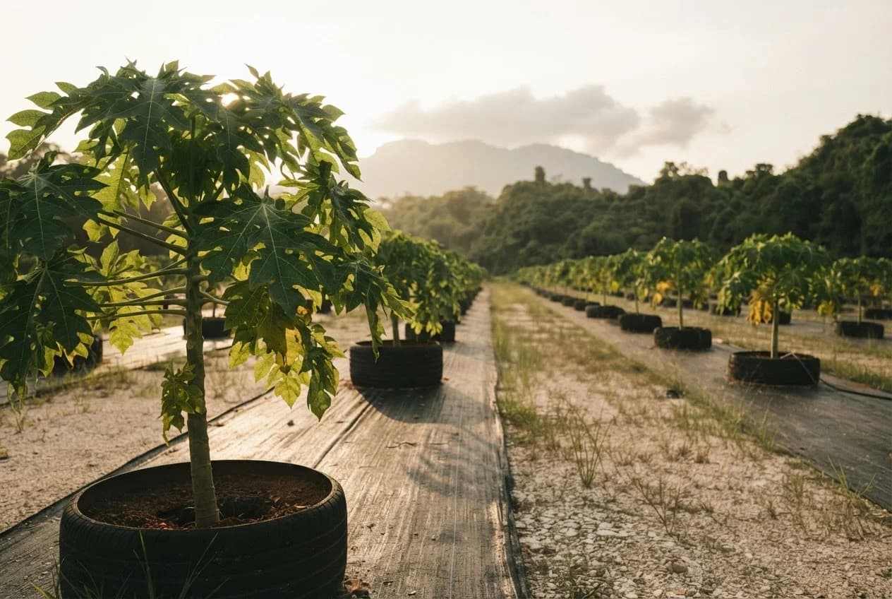 A young papaya tree in its planter at golden hour, rows of saplings on weed-mat leading to forest and a mountain
