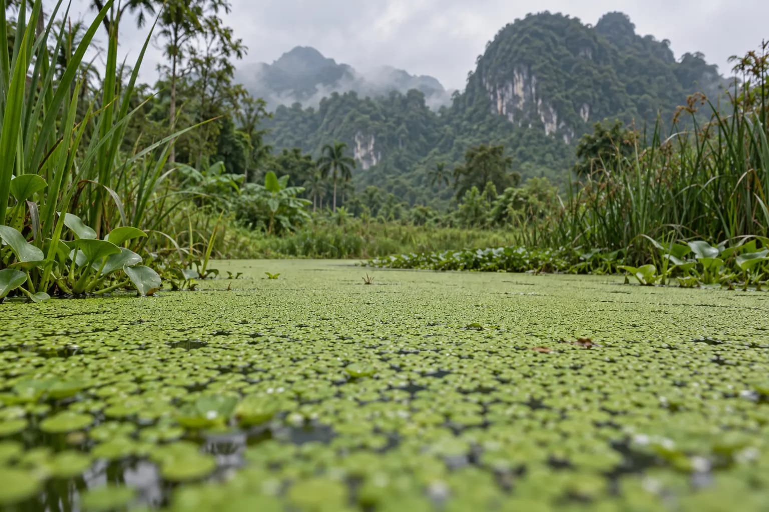 A still pond covered in bright green duckweed, with limestone hills in the distance