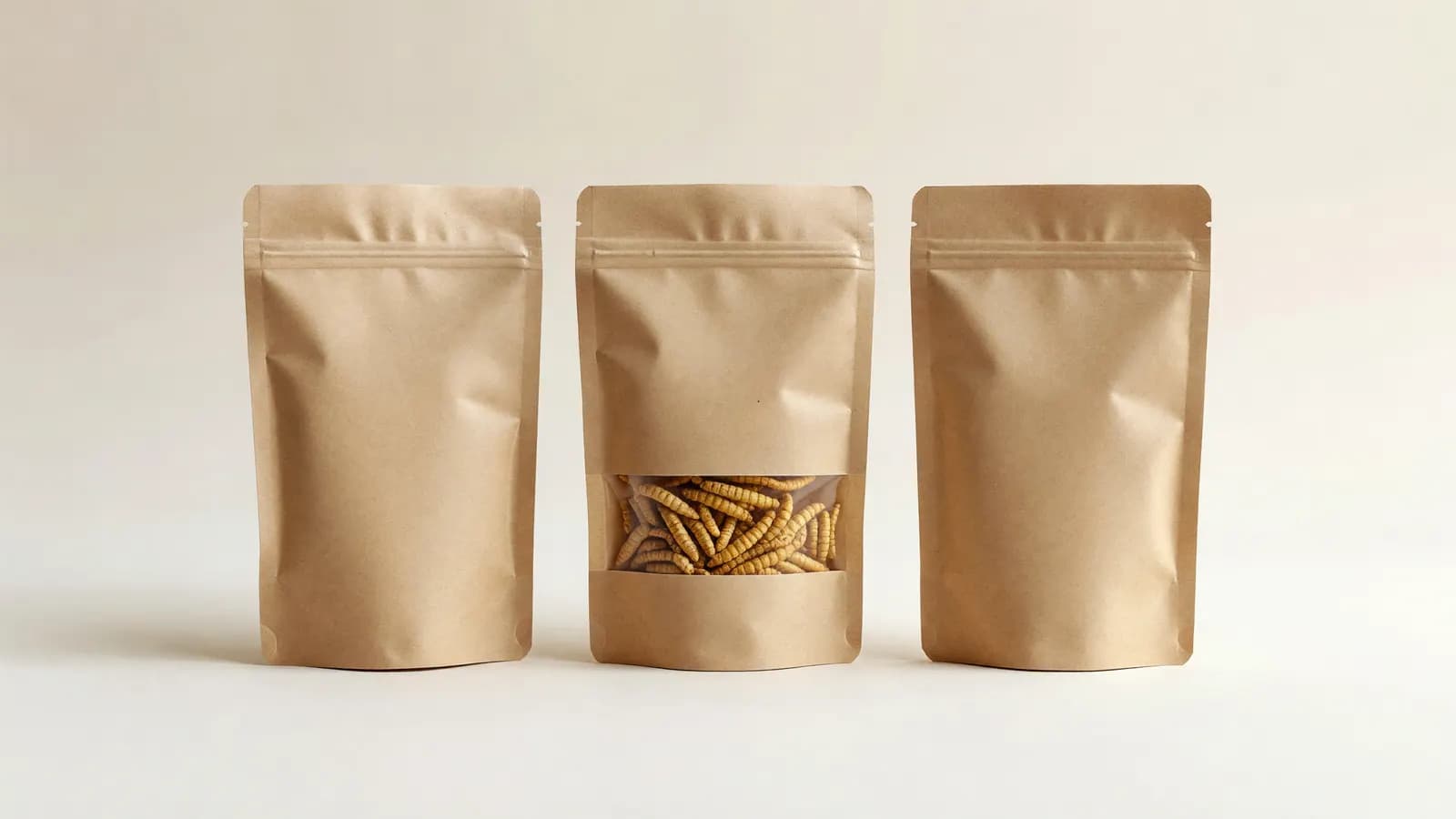Three kraft-paper zip-lock pouches, one with a window showing golden dried larvae