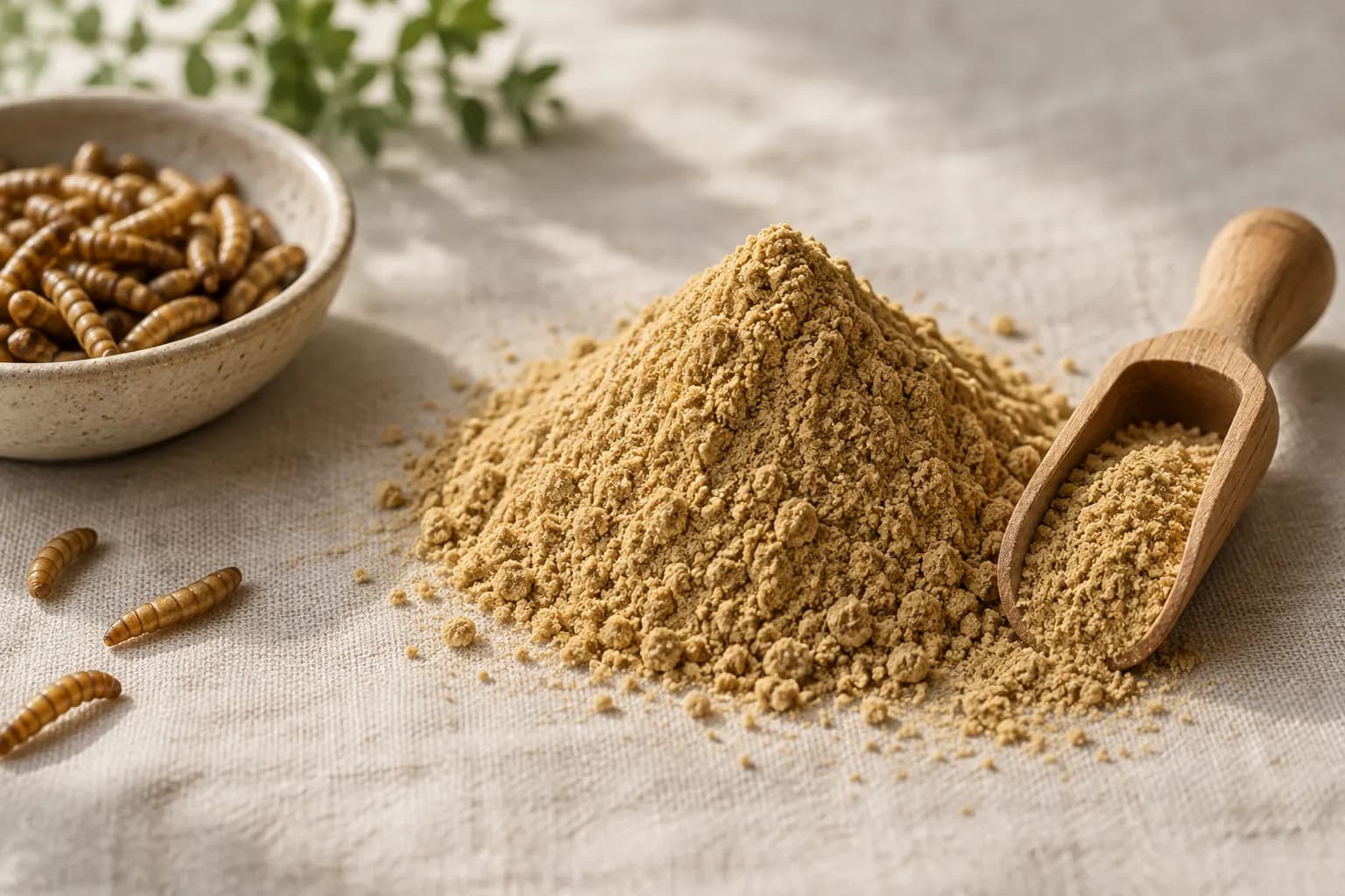 A mound of golden-tan larvae powder with a wooden scoop
