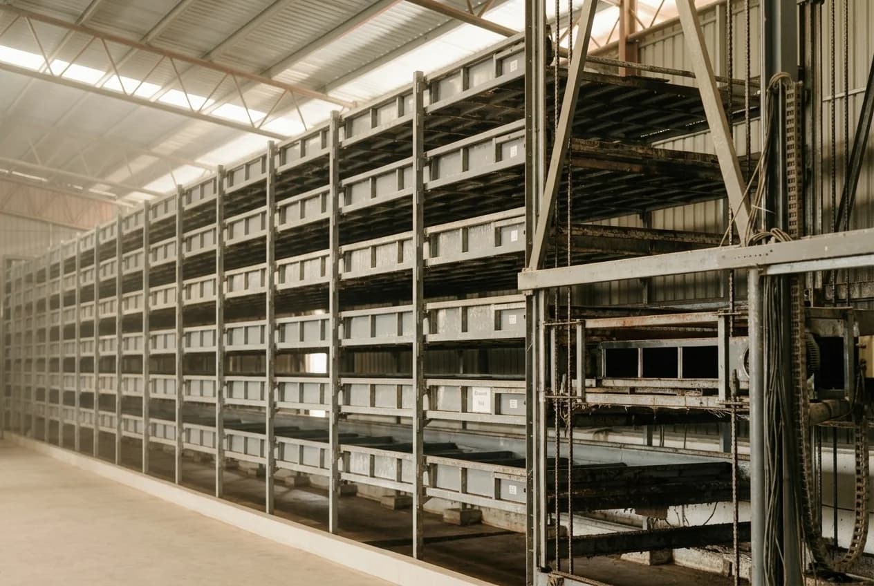 Long bank of multi-tier rearing racks and the steel gantry lift inside the enclosed rearing building
