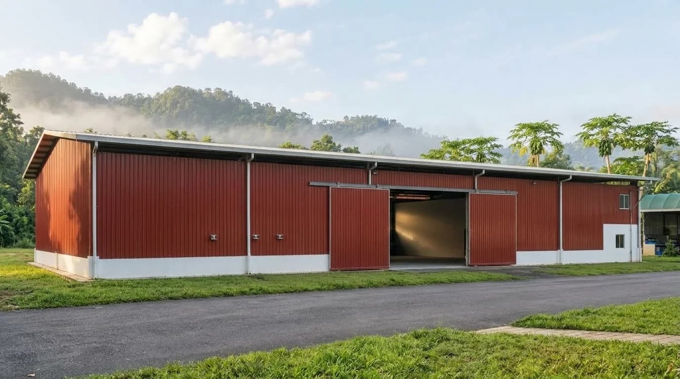 The Hub's red steel warehouse seen across the service road, its central bay open, with forested hills beyond